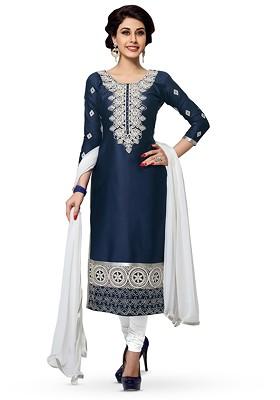Blue Embroidered Poly Blend Kurta Set