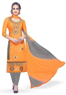 Orange Embroidered Poly Blend Kurta Set