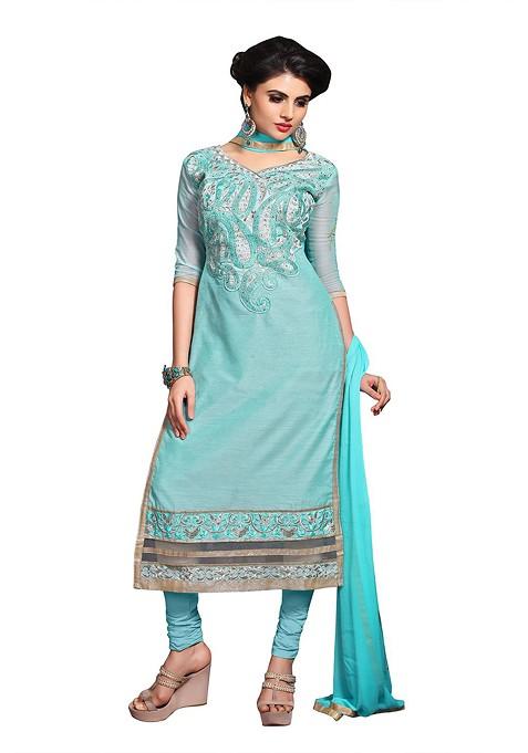 Blue Embroidered Poly Blend Kurta Set
