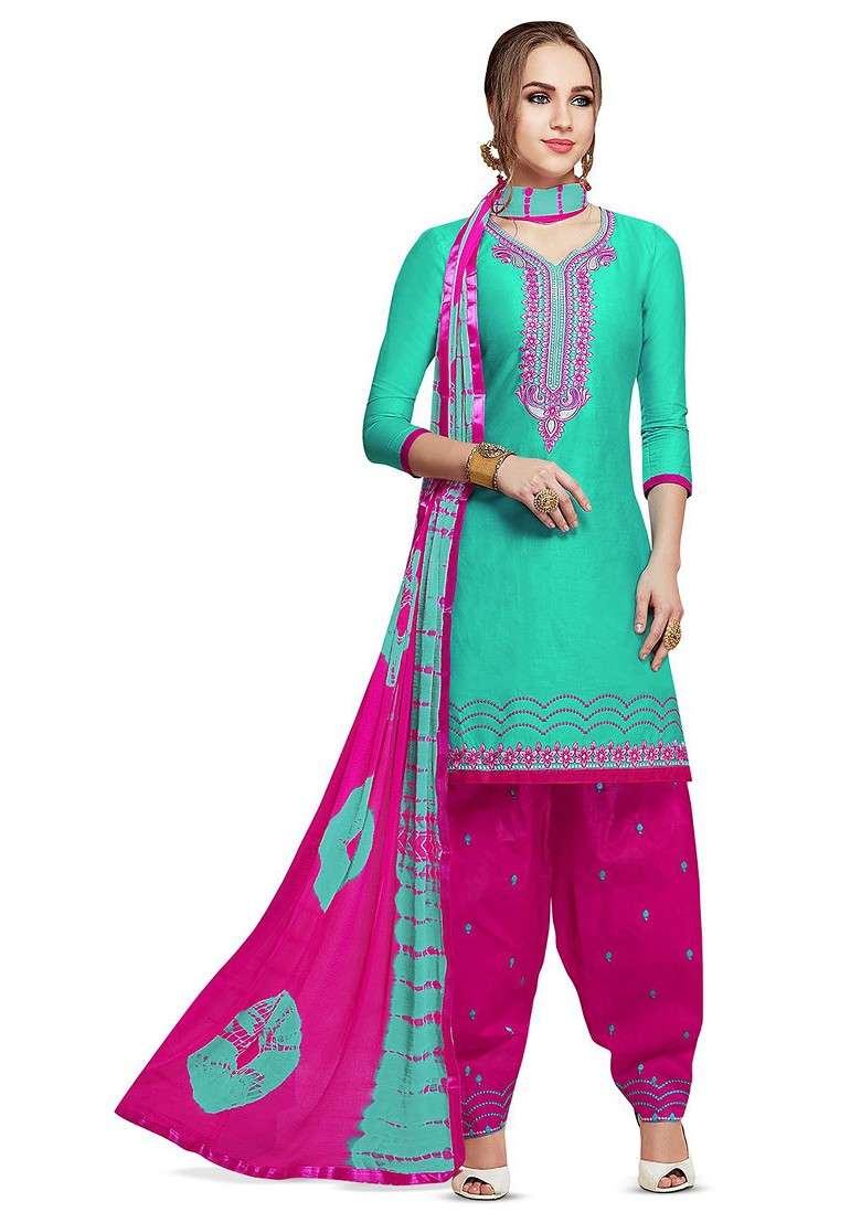 Sea Green Embroidered Cotton Punjabi Suit - Indya
