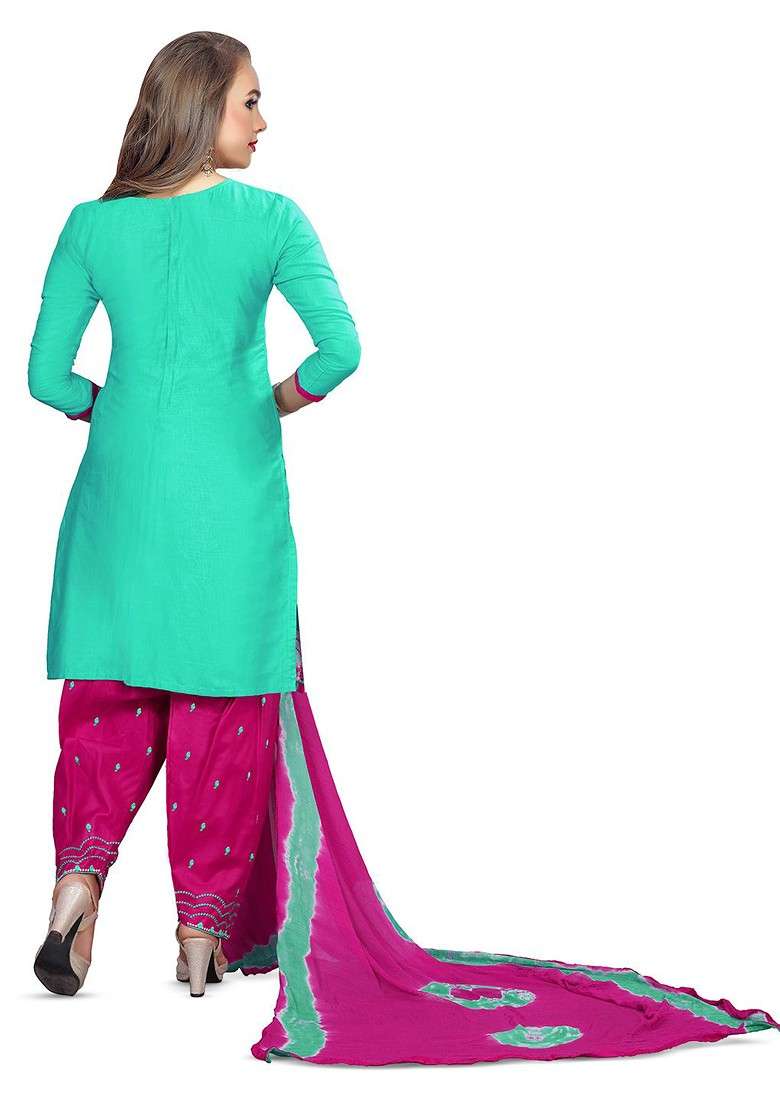Sea Green Embroidered Cotton Punjabi Suit - Indya