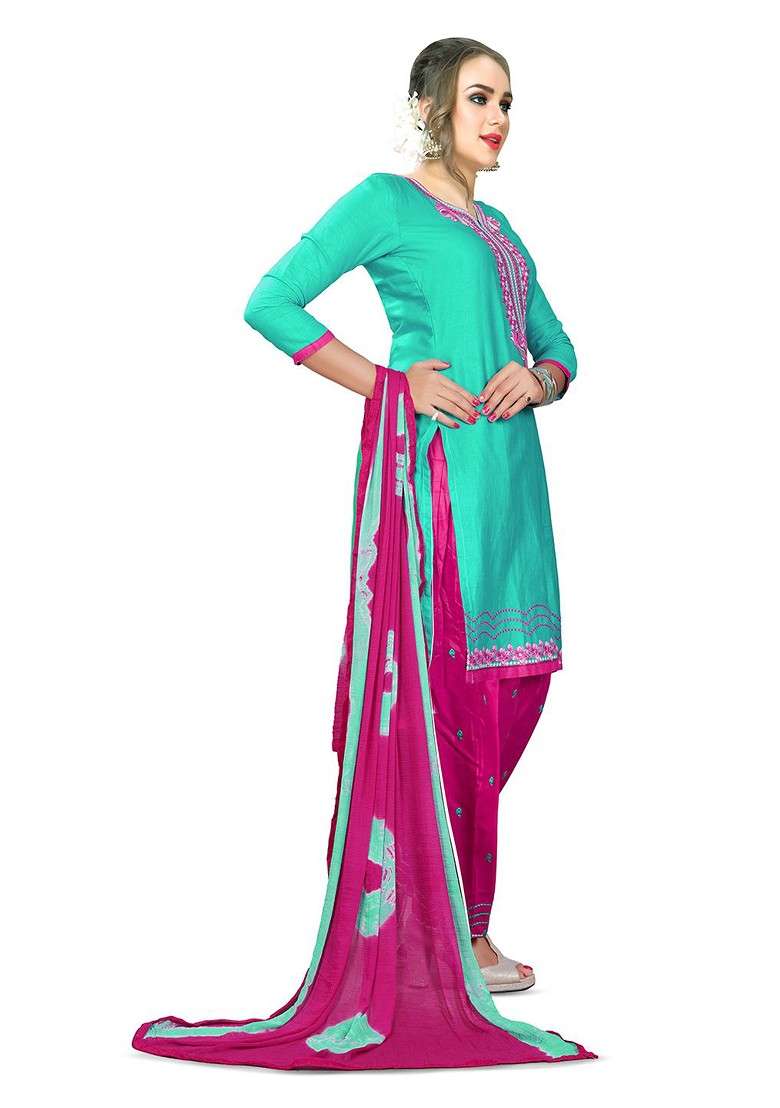 Sea Green Embroidered Cotton Punjabi Suit - Indya
