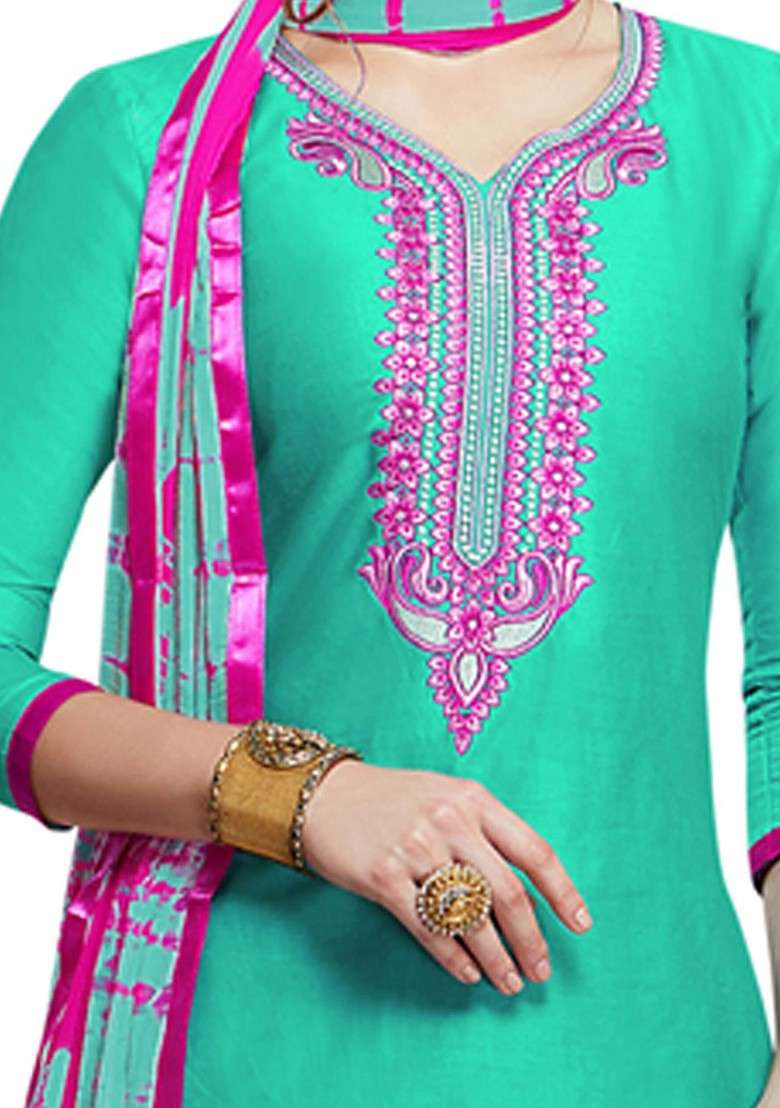 Sea Green Embroidered Cotton Punjabi Suit - Indya