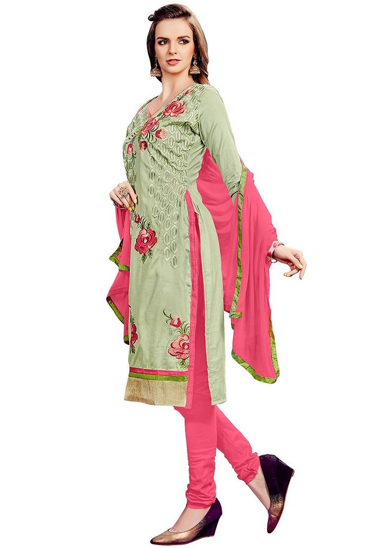 Green Embroidered Cotton Kurta Set - Indya