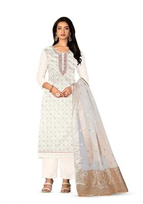 Off White Printed Poly Blend Kurta Set