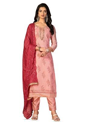 Peach Embroidered Poly Blend Kurta Set