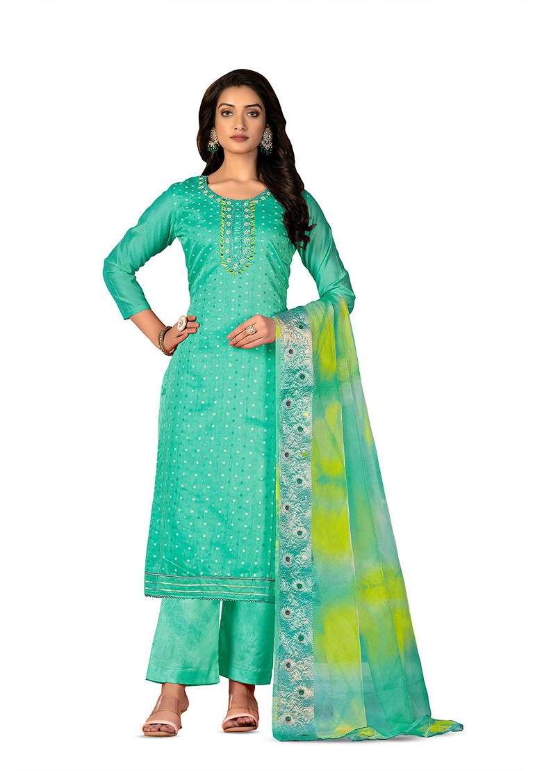 Sea Green Embroidered Poly Straight Kurta Set - Indya