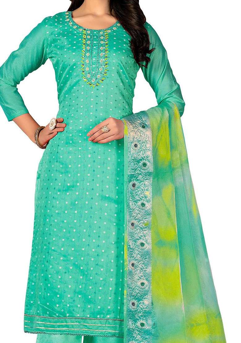 Sea Green Embroidered Poly Straight Kurta Set - Indya