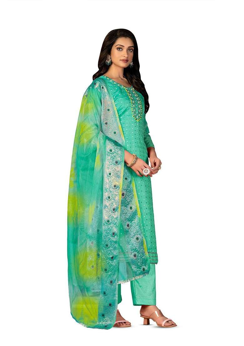 Sea Green Embroidered Poly Straight Kurta Set - Indya