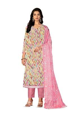 Cream Embroidered Poly Blend Kurta Set