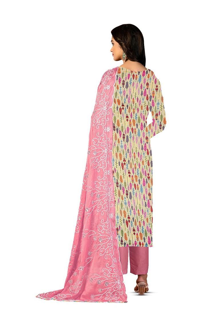Cream Embroidered Poly Blend Kurta Set - Indya