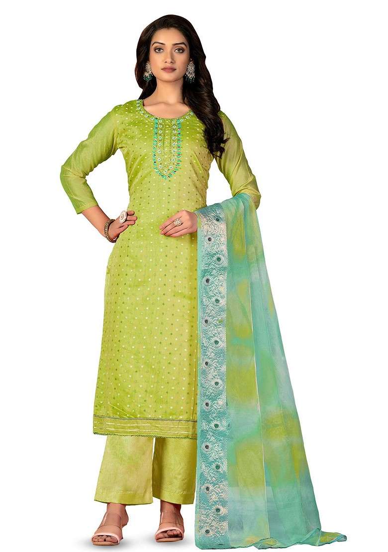 Green Embroidered Poly Blend Kurta Set - Indya