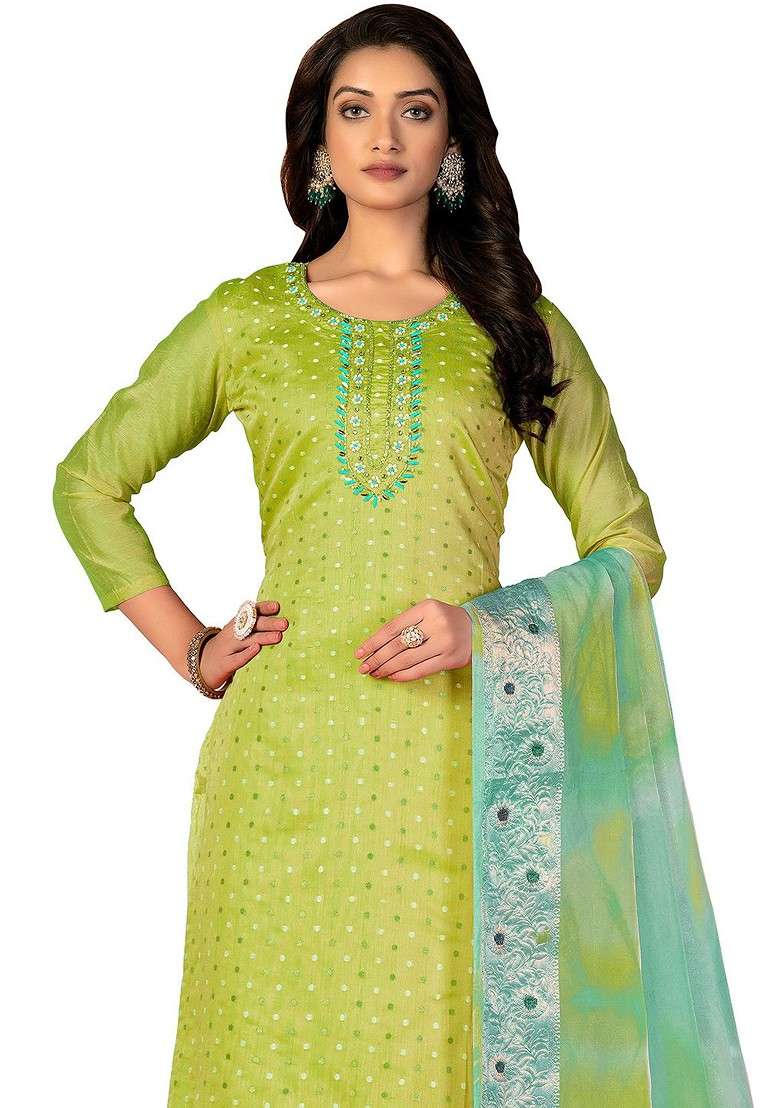 Green Embroidered Poly Blend Kurta Set - Indya