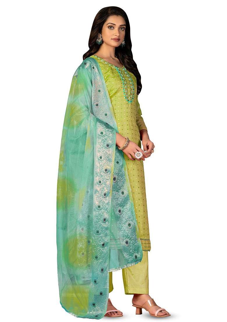 Green Embroidered Poly Blend Kurta Set - Indya
