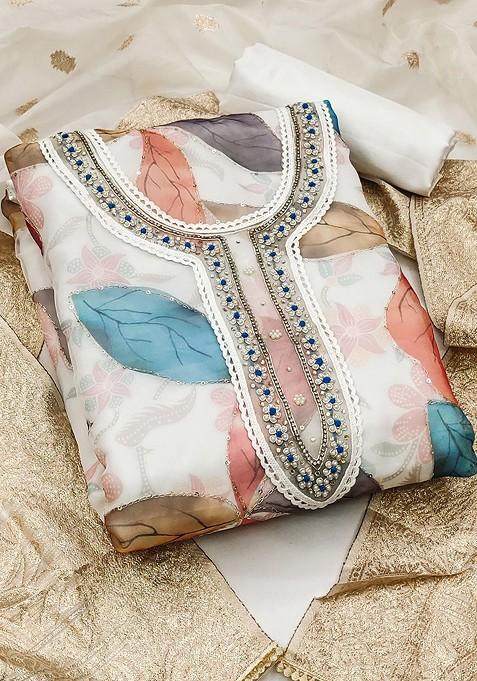 Off White Printed Poly Blend Kurta Set