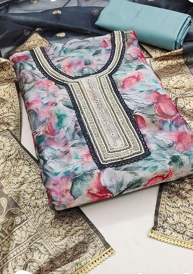 Blue Floral Print Poly Blend Kurta Set - Indya