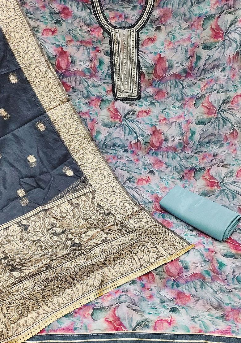 Blue Floral Print Poly Blend Kurta Set - Indya