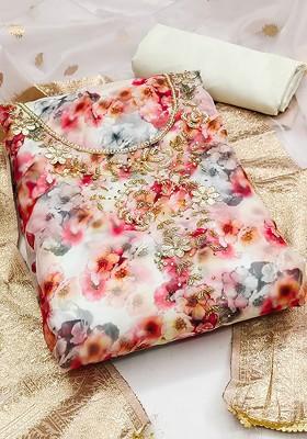 Red Floral Print Poly Blend Kurta Set