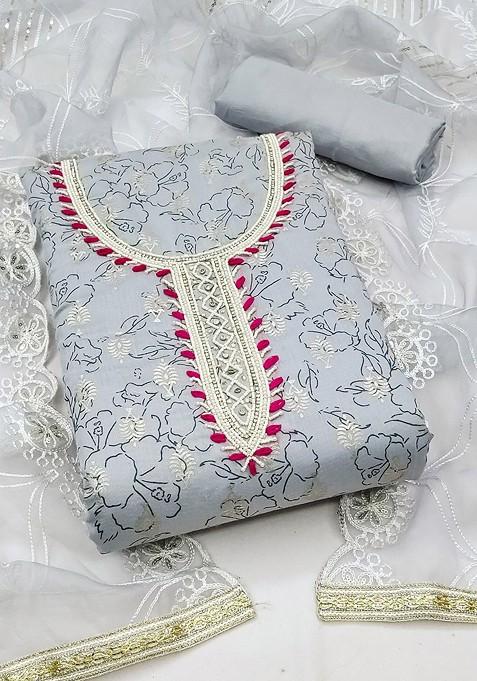 Grey Embellished Poly Blend Kurta Set