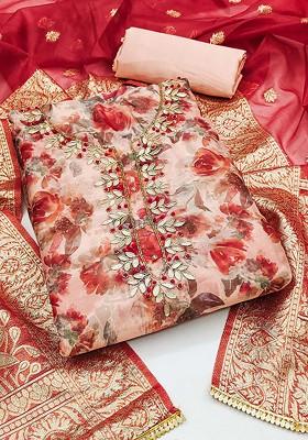 Red Floral Print Organza Kurta Set