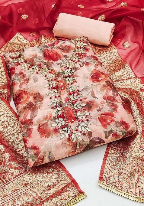 Red Floral Print Organza Kurta Set