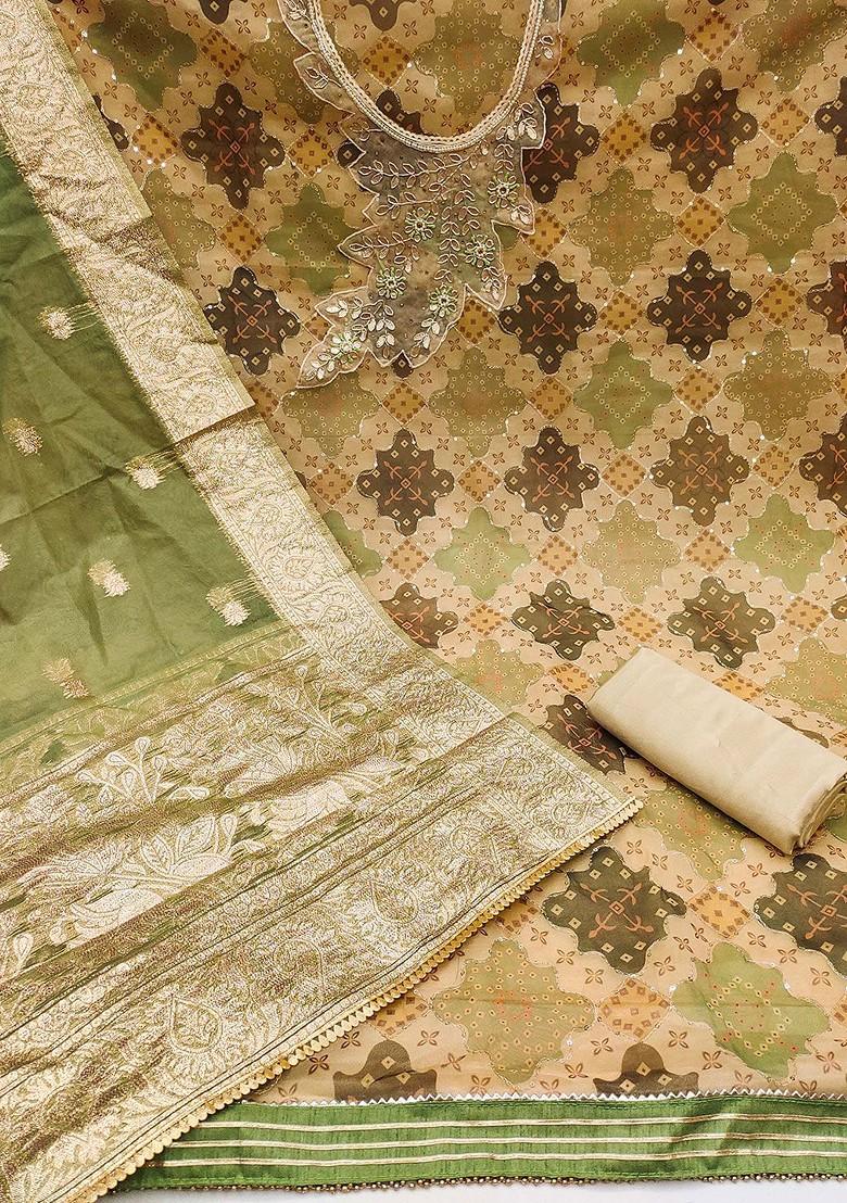 Green Printed Organza Kurta Set - Indya