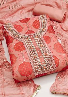 Peach Embroidered Poly Blend Kurta Set