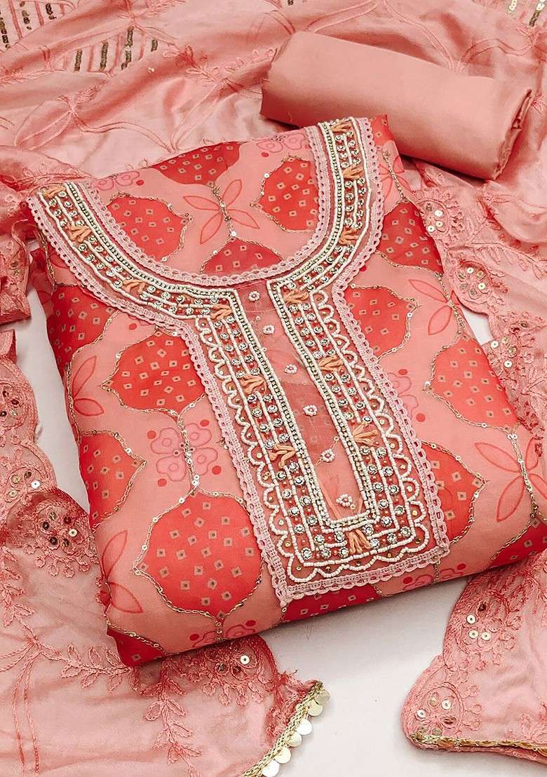 Peach Embroidered Blended Straight Kurta Set - Indya