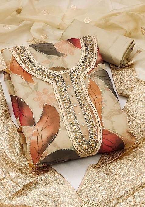 Beige Embellished Organza Kurta Set