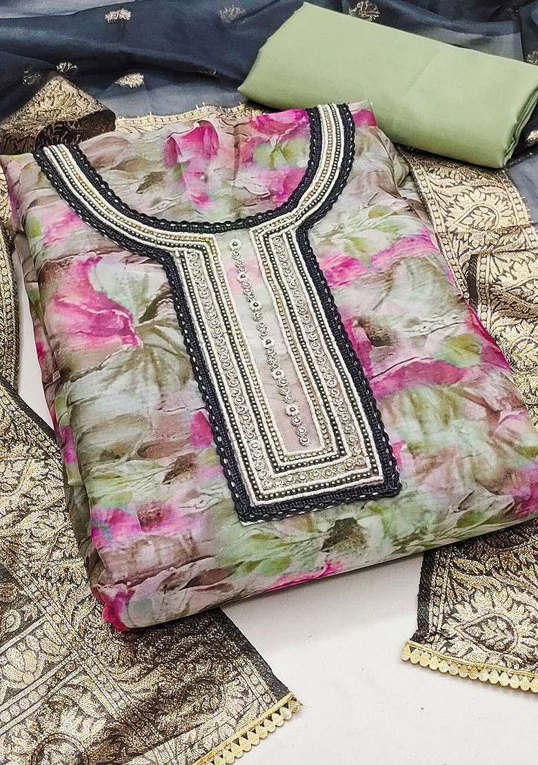 Green Embroidered Organza Straight Kurta Set - Indya
