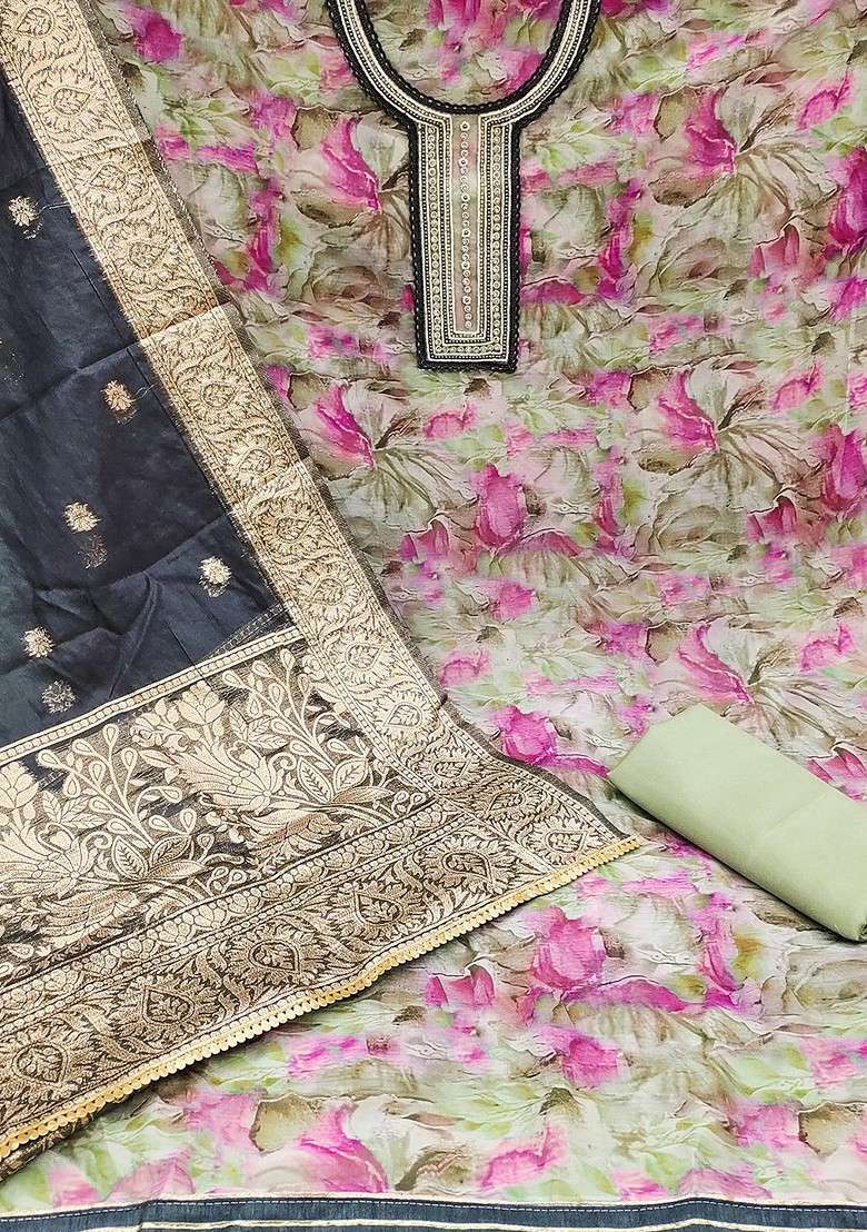 Green Embroidered Organza Straight Kurta Set - Indya