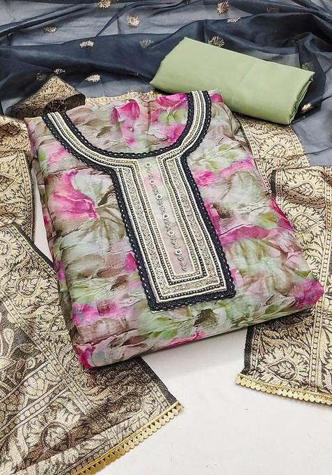 Green Floral Print Organza Kurta Set