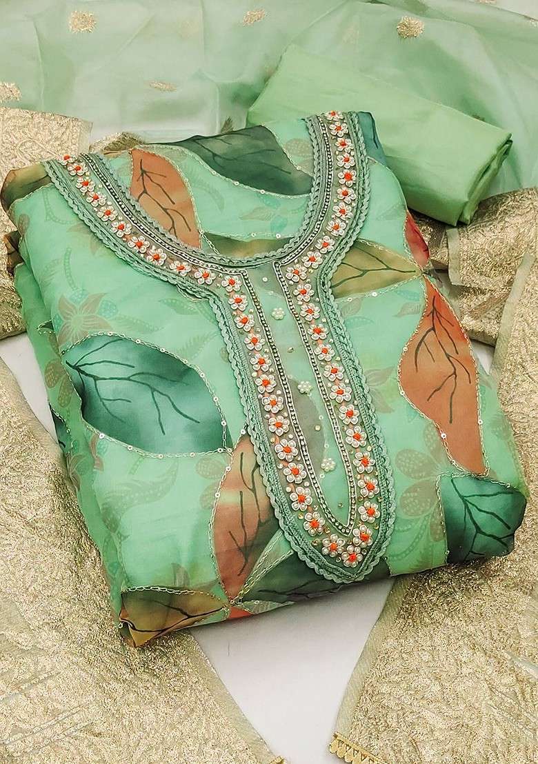 Green Embroidered Organza Straight Kurta Set - Indya