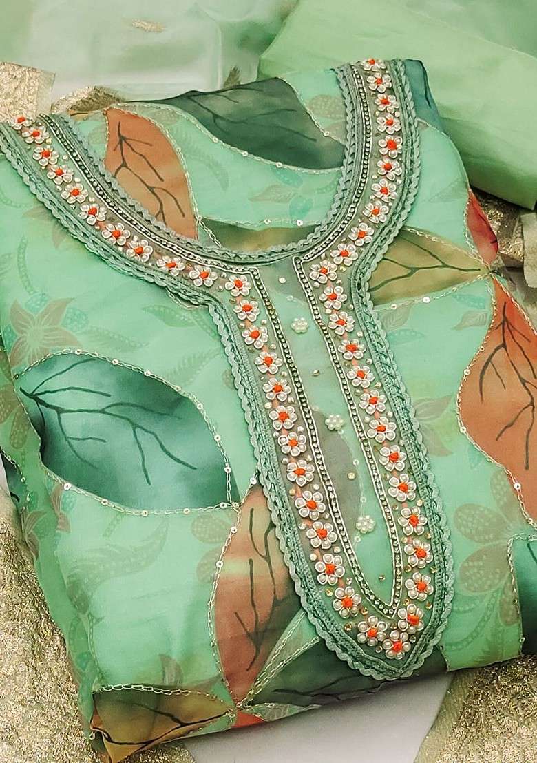 Green Embroidered Organza Straight Kurta Set - Indya