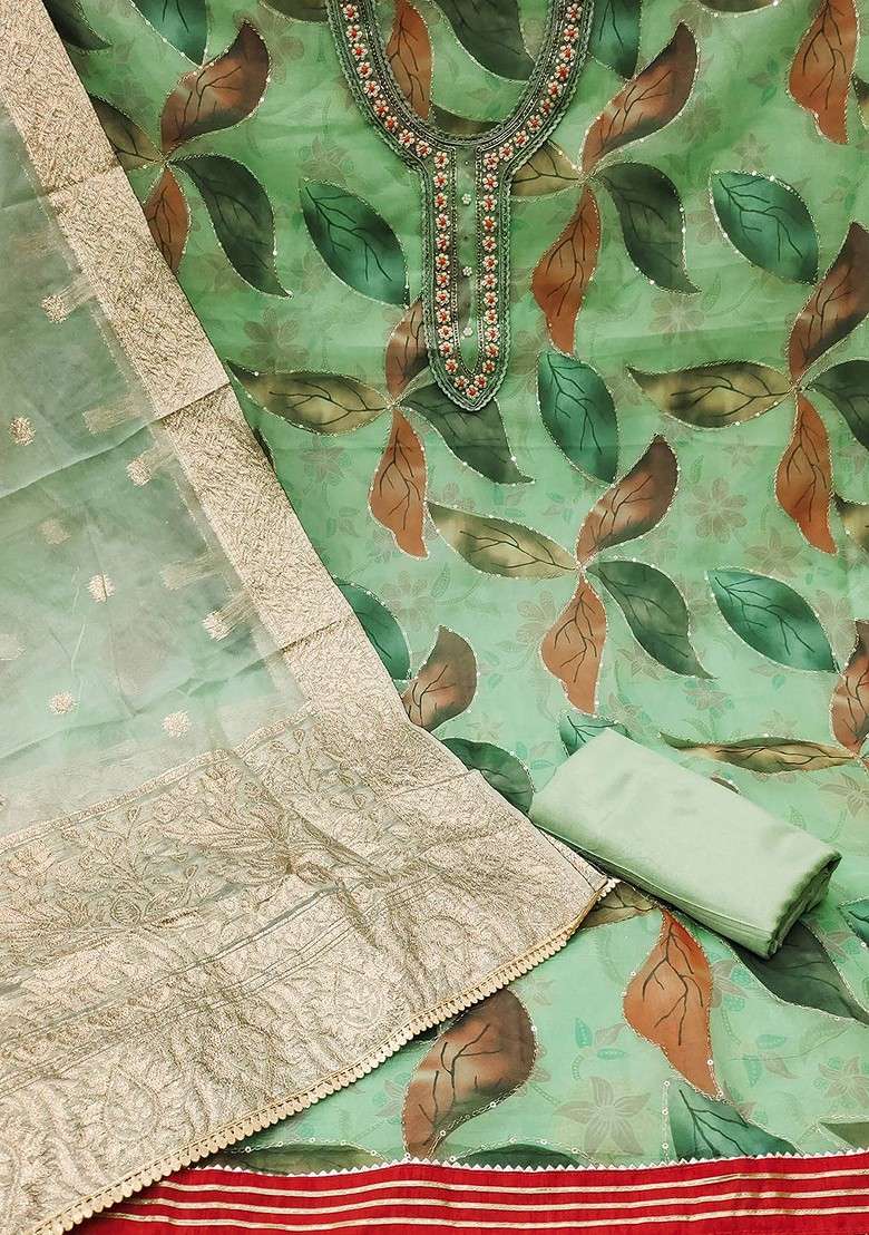 Green Embroidered Organza Straight Kurta Set - Indya