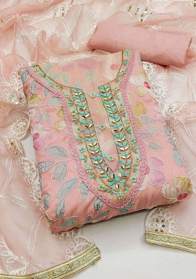 Peach Embroidered Organza Straight Kurta Set - Indya