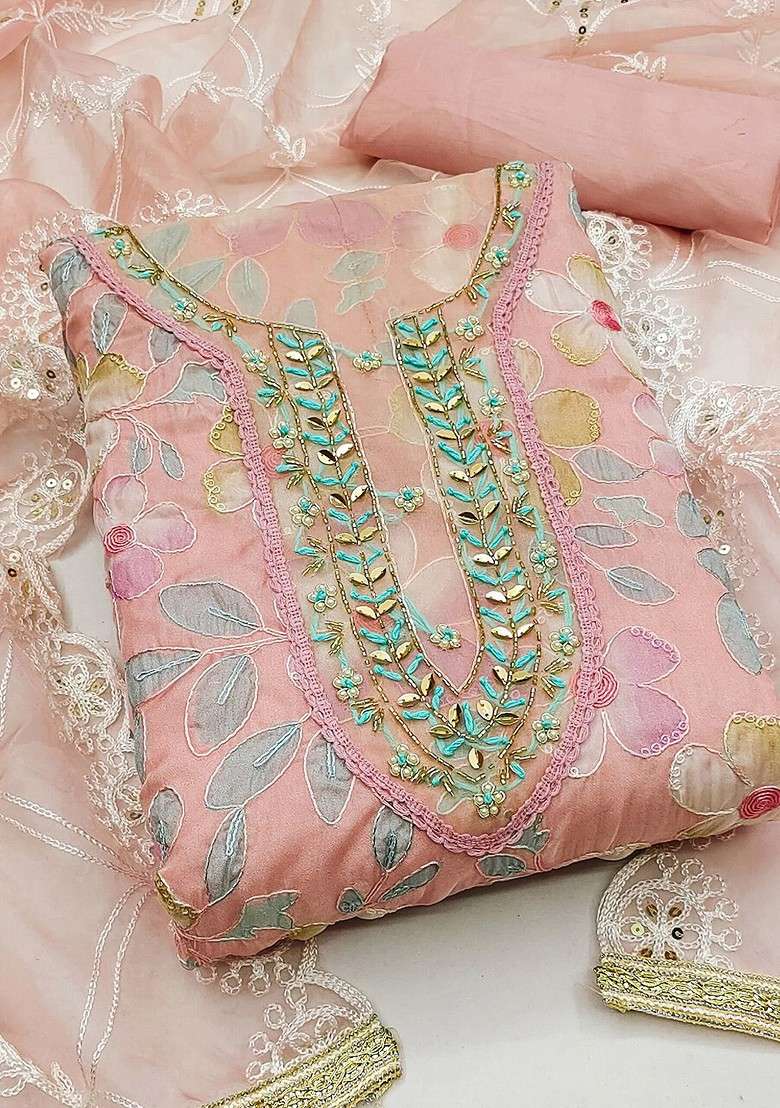 Peach Embroidered Organza Straight Kurta Set - Indya