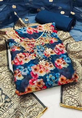 Navy Blue Floral Print Organza Kurta Set