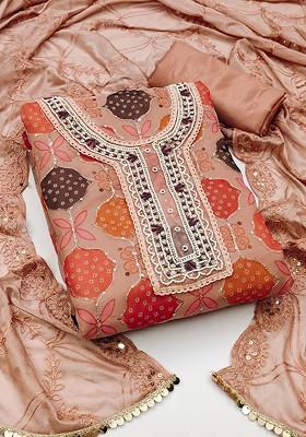 Rust Printed Organza Kurta Set