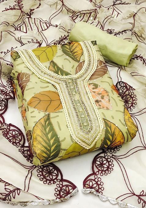 Green Printed Organza Kurta Set