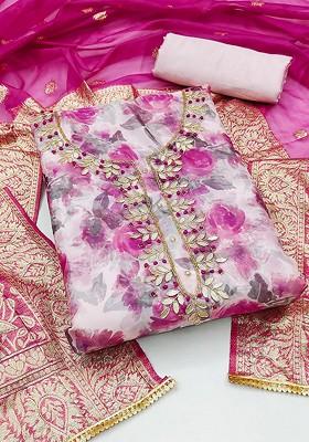 Pink Floral Print Organza Kurta Set