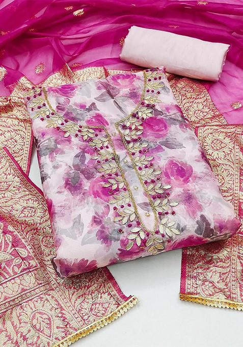 Pink Floral Print Organza Kurta Set