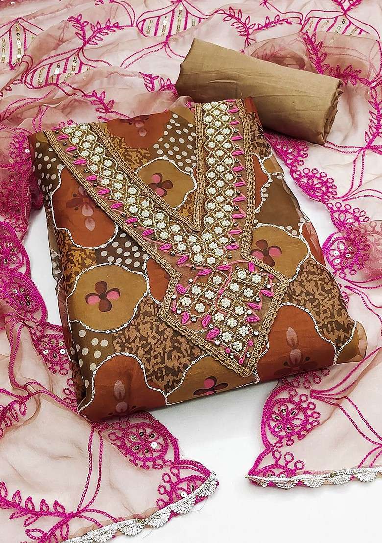 Brown Printed Organza Straight Kurta Set - Indya