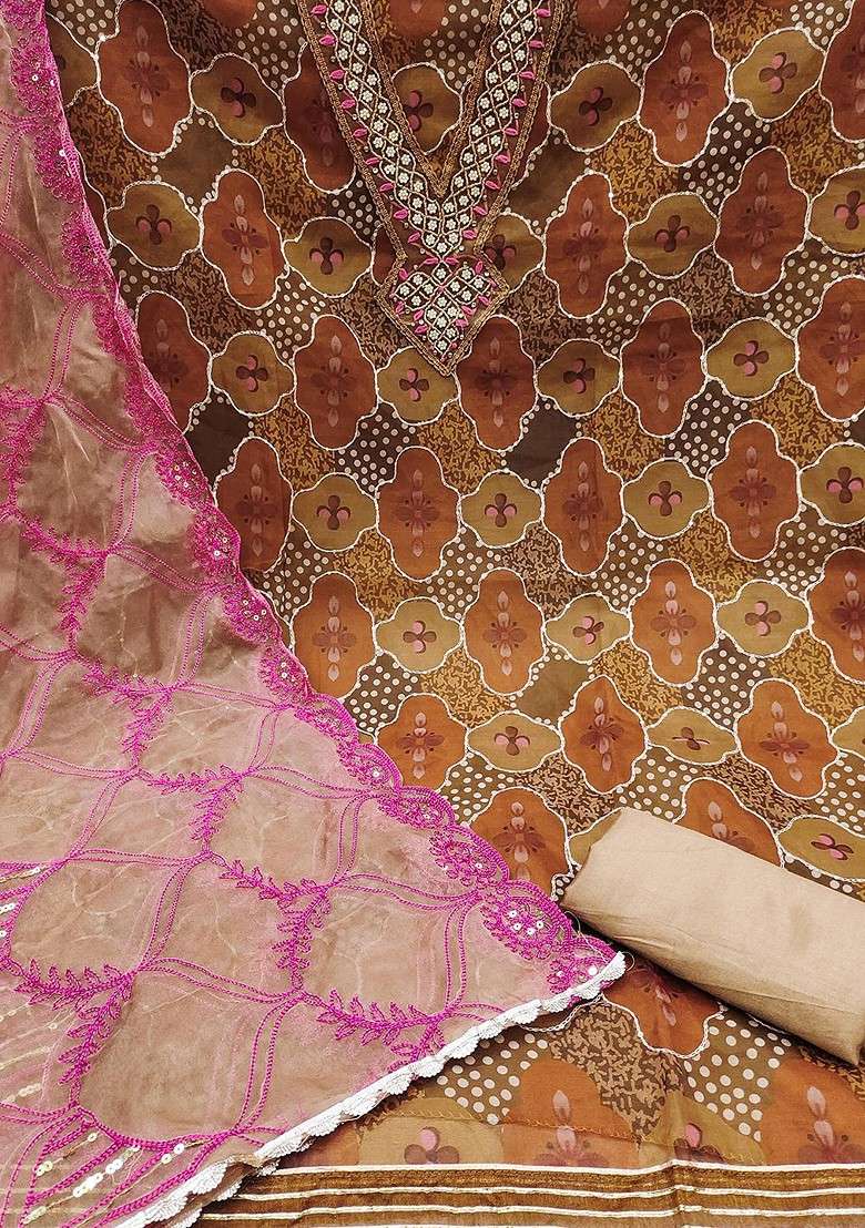 Brown Printed Organza Straight Kurta Set - Indya