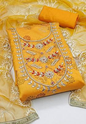 Mustard Embellished Poly Blend Kurta Set