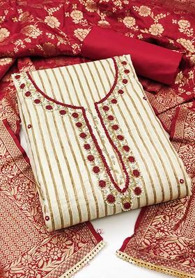 Beige Bead Embroidered Pure Cotton Kurta Set