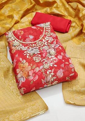 Red Floral Print Organza Kurta Set