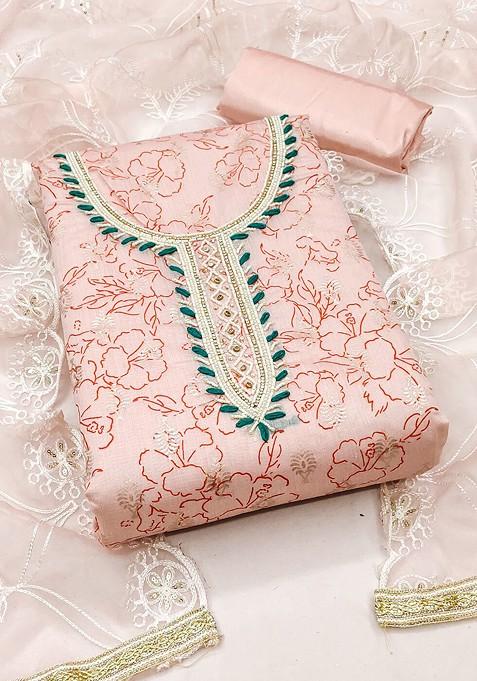 Peach Floral Print Poly Blend Kurta Set