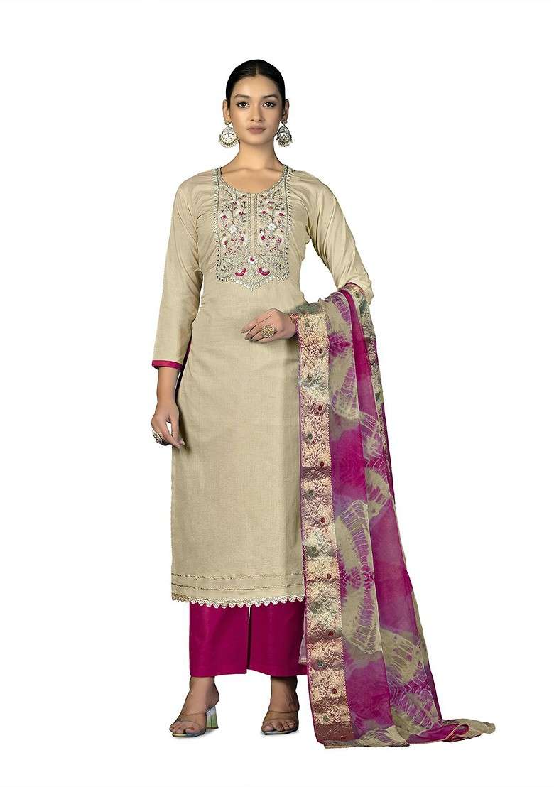 Beige Embroidered Blended Straight Kurta Set - Indya