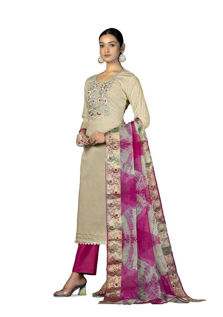 Beige Embroidered Blended Straight Kurta Set - Indya